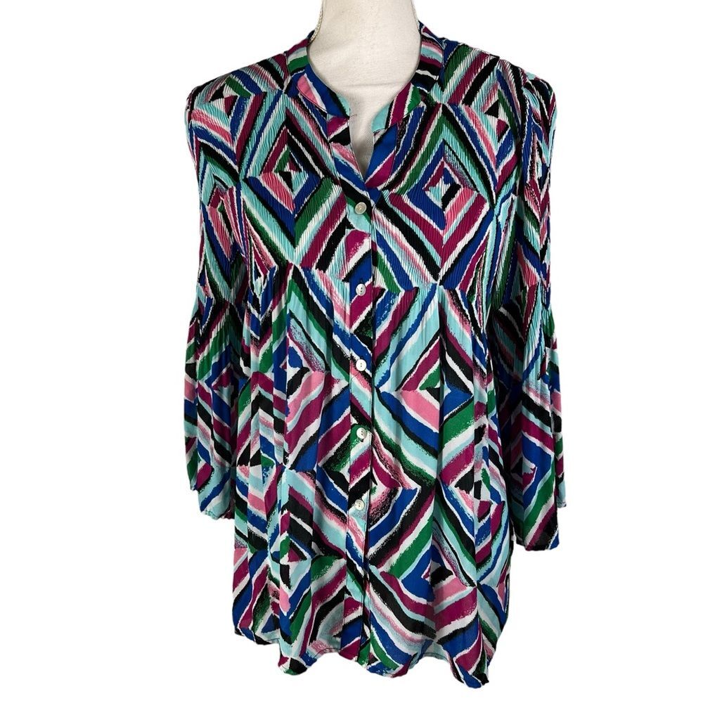 Colorful Button Up Geometric Print Blouse V Neck Large Investments Flowy Tunic
